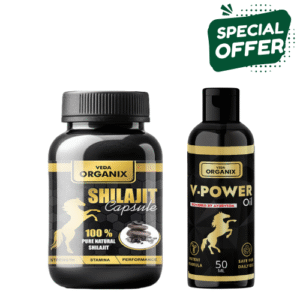 Veda Organix V-POWER Oil (50ml) + Shilajit Capsules (30s) | Men’s Strength & Vitality Combo